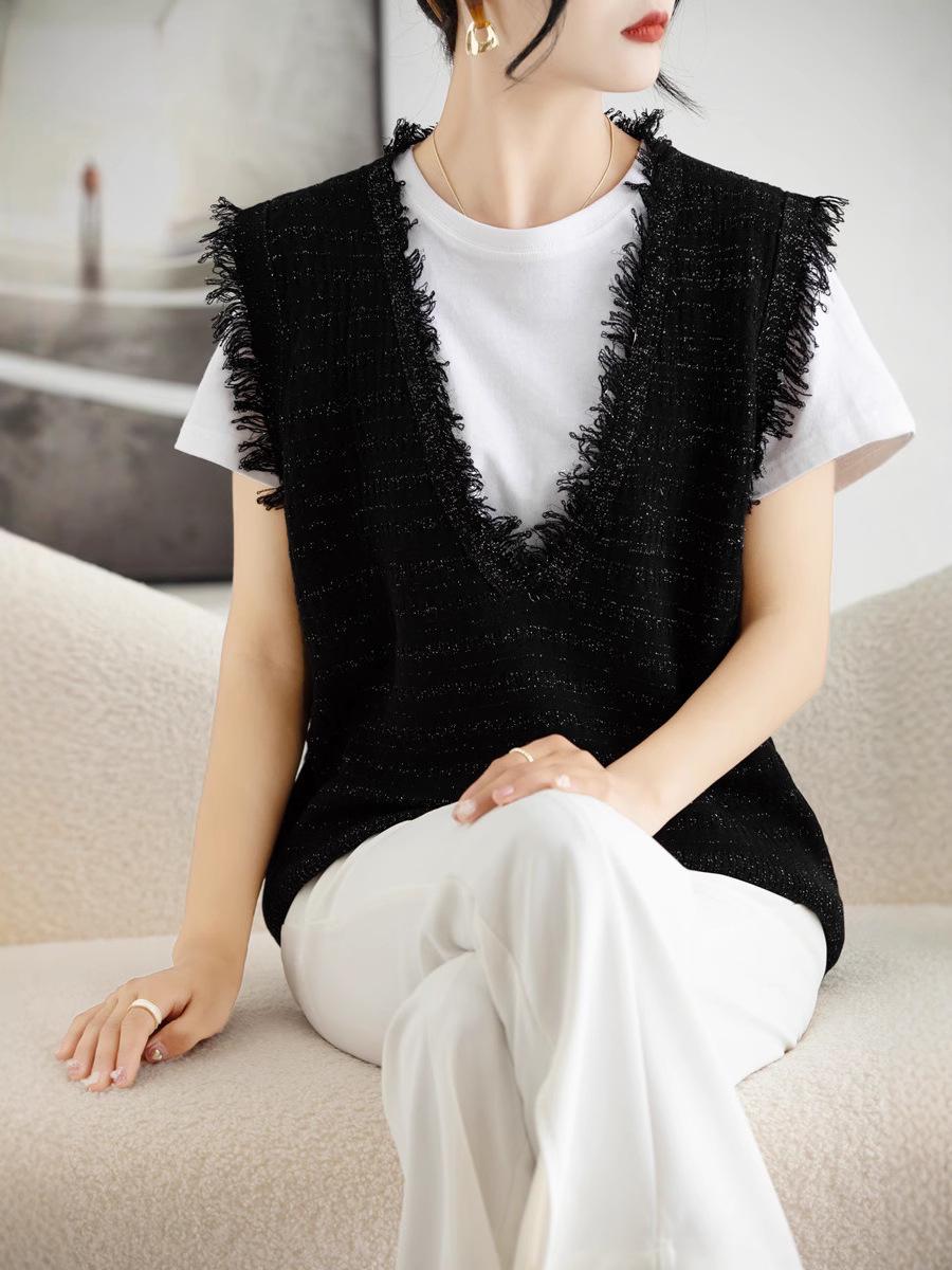 

Women s Sleeveless Fringe Tassel Cardigan - Loose Knitwear Vest for Spring & Autumn XL чорний