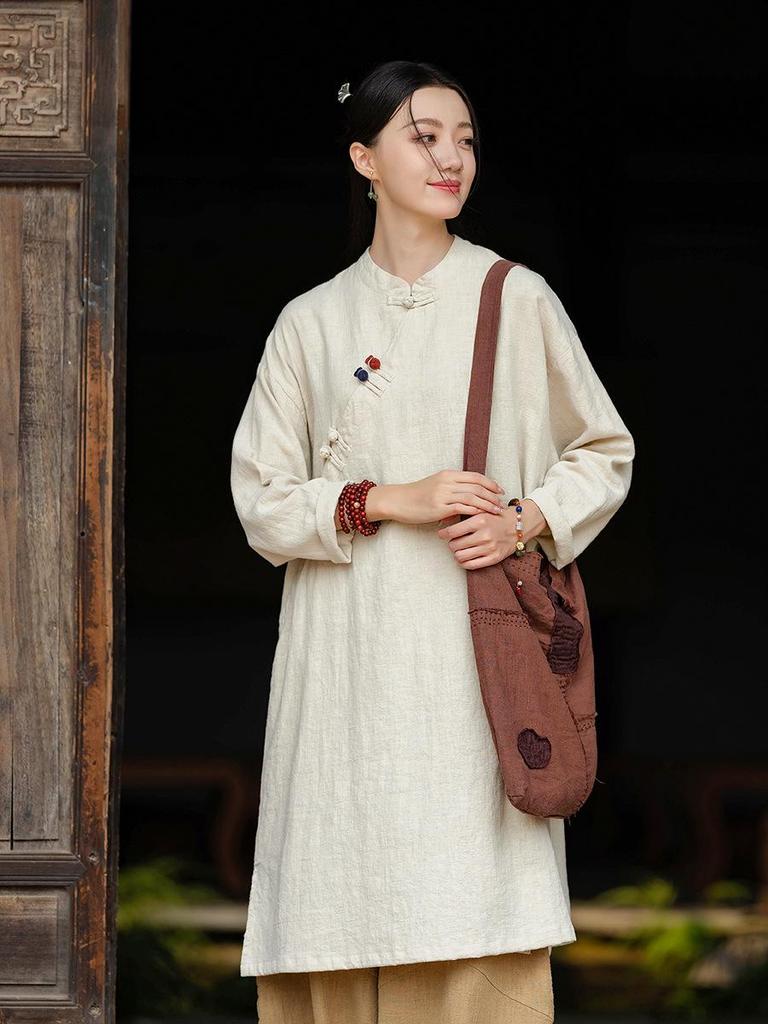 Women's Asymmetrical Zen Robe with Stand-up Collar and Frog Buttons - Retro Style Cheongsam Dress
