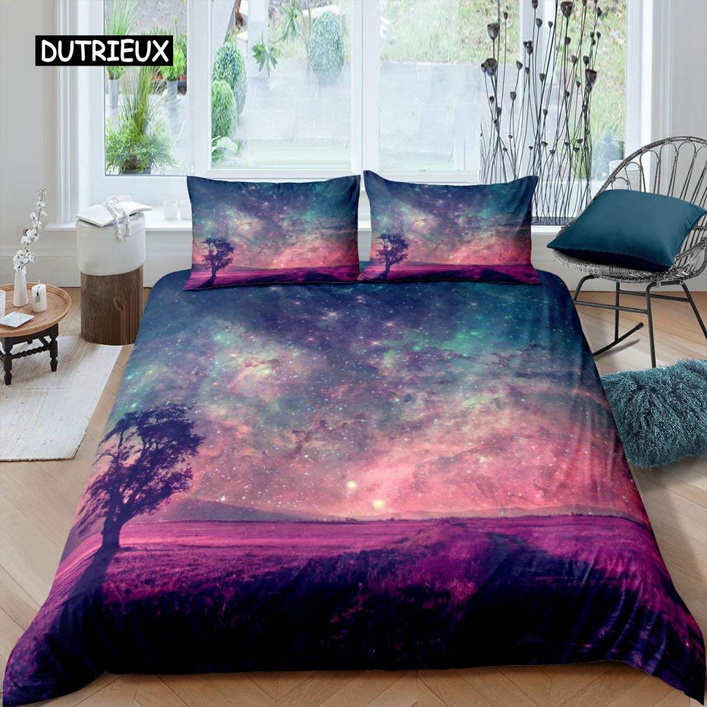 Aurora Påslakanset Galax Sängkläder Lila Stjärnklar Himmel Täcke Ytterrymden Universum Astronaut Täckesöverdrag för Barn