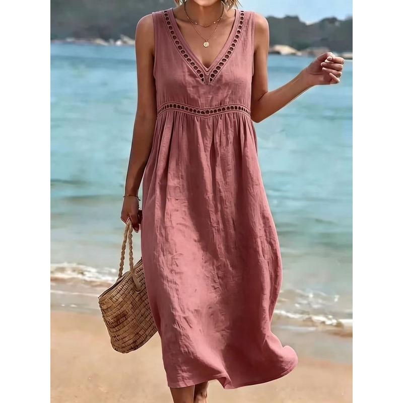 IHUASU Fashion Summer Spring Solid Color Print  V-Neck Sleeveless Casual Dresses