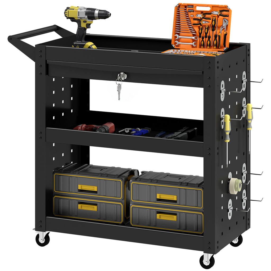 Tool Cart with Lockable Wheels, Rolling Workshop Cart with 3-Tier Trays, Drawer, Pegboards, Black