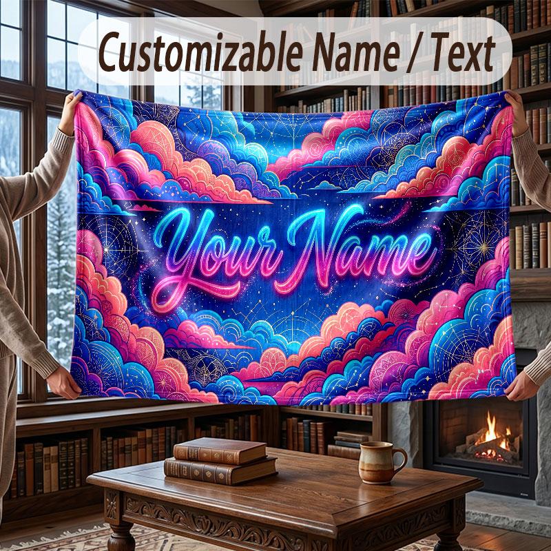 Fantasy Magic Theme Throw Blanket Custom Name Text Personalized Blanket Soft Cozy Blanket for Home Sofa Bed
