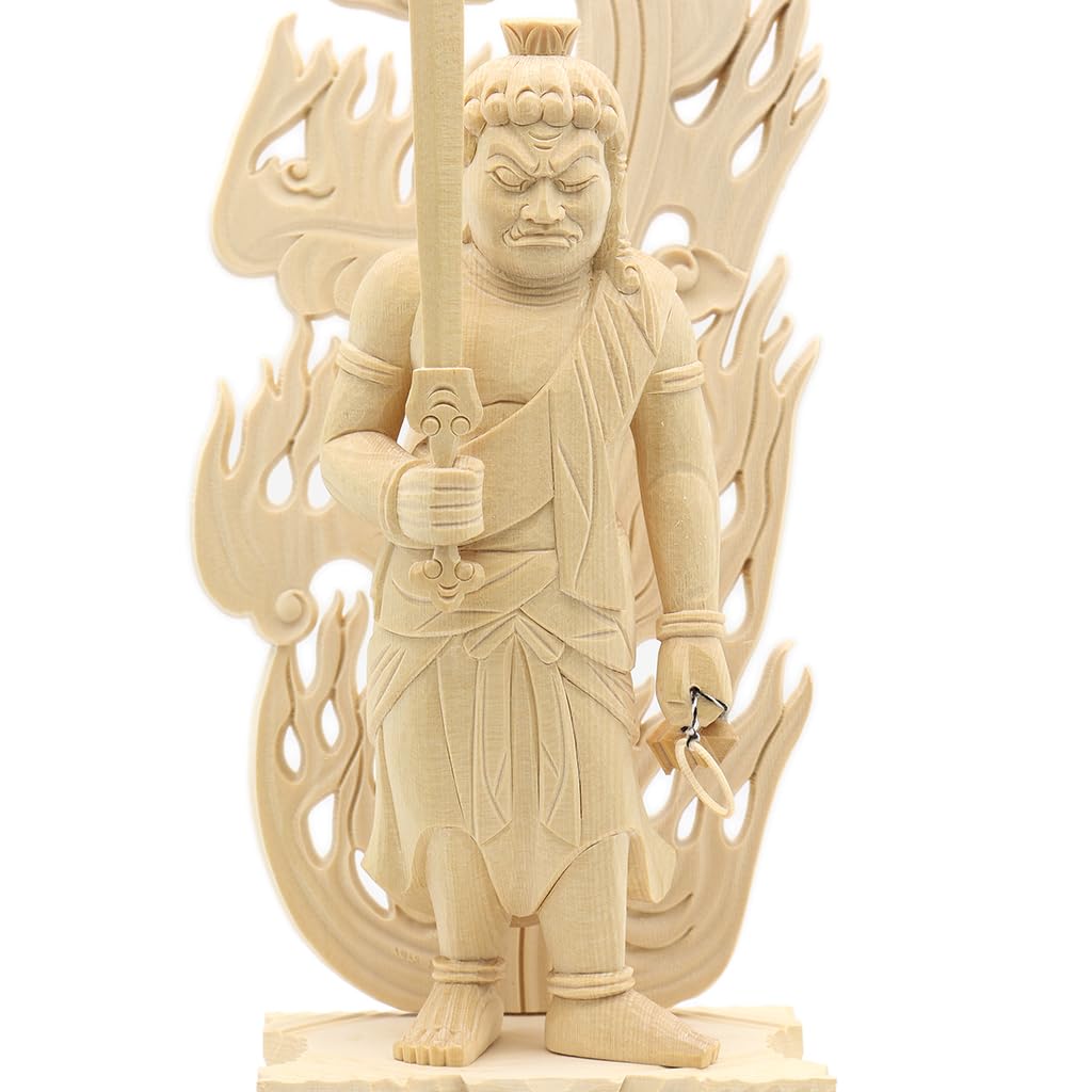 Special Buddhist Statue Standing Acala inches height width 12 depth Cypress Wood Carving with Flame Halo and Square Rock 1129 Kurita's [Myo-o] Statue,