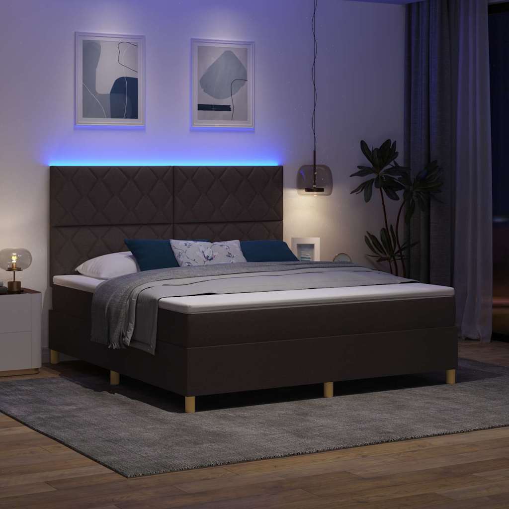 LED Box Spring Bed with Headboard Dark Brown 180 x 200 cm Fabric