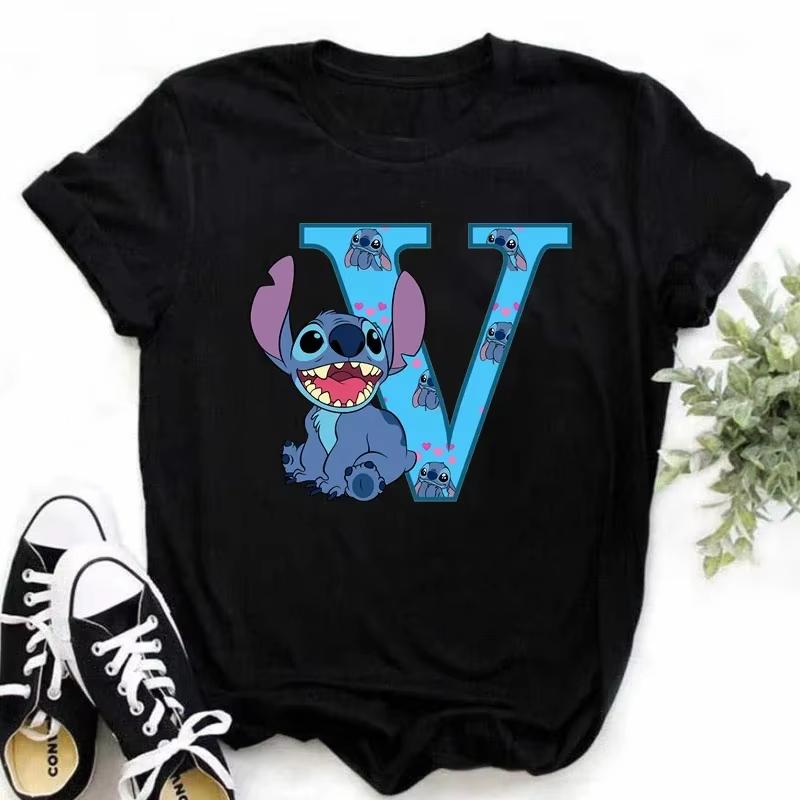 T-shirt pour femme Alphabet A-Z Kawaii Dessin Animé Imprimé Manches Courtes T-shirt Femme Disney Été Décontracté Vêtements Dessin Animé T-shirt
