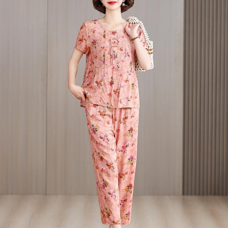 Plus Size 2 Piece Sets Women Outfit Summer Vintage Clothing Loose Casual Pants Sets