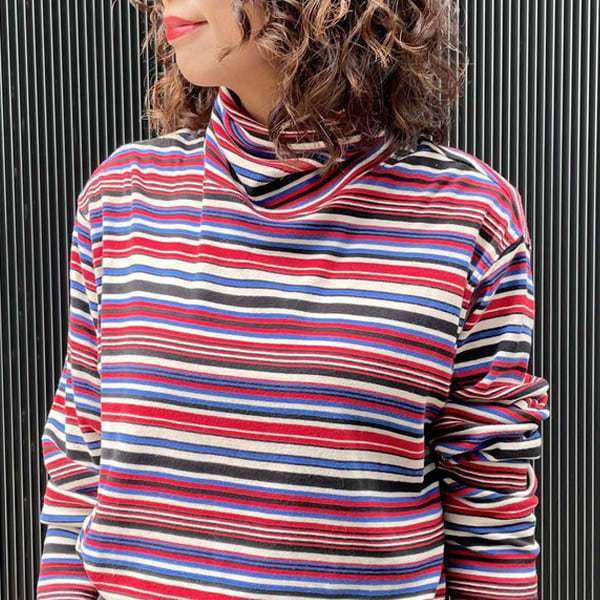 

Женская футболка из бархата с высоким воротником и длинными рукавами в японском ретро-полосатом стиле (Осень зима) 2XL (Recommended 140-155 lbs)