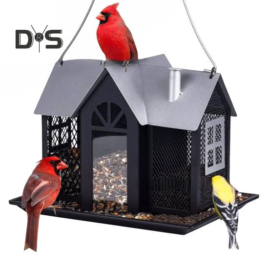 

Садовый подвесной домик-кормушка для птиц с 3 отделениями, большая вместимость, украшение для двора, наружное металлическое устройство для кормления колибри и белки чёрный