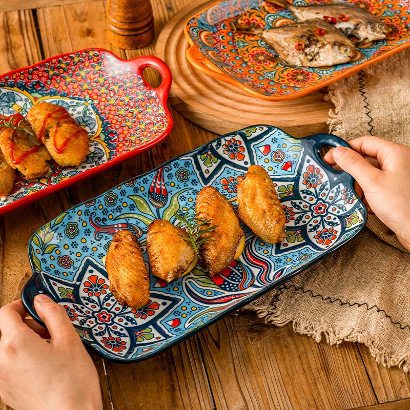 Bohemian Binaural Dinner Plates Ceramic Plate Large Rectangular Fish Plate Ceramic Sushi Dish for Home Kitchen Restaurant Gift