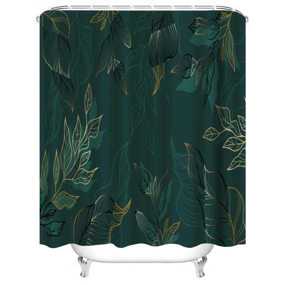 Elegant Dark Green Tropical Leaf Pattern Waterproof Shower Curtain – Perfect for Adding a Luxurious and Nature-Inspired