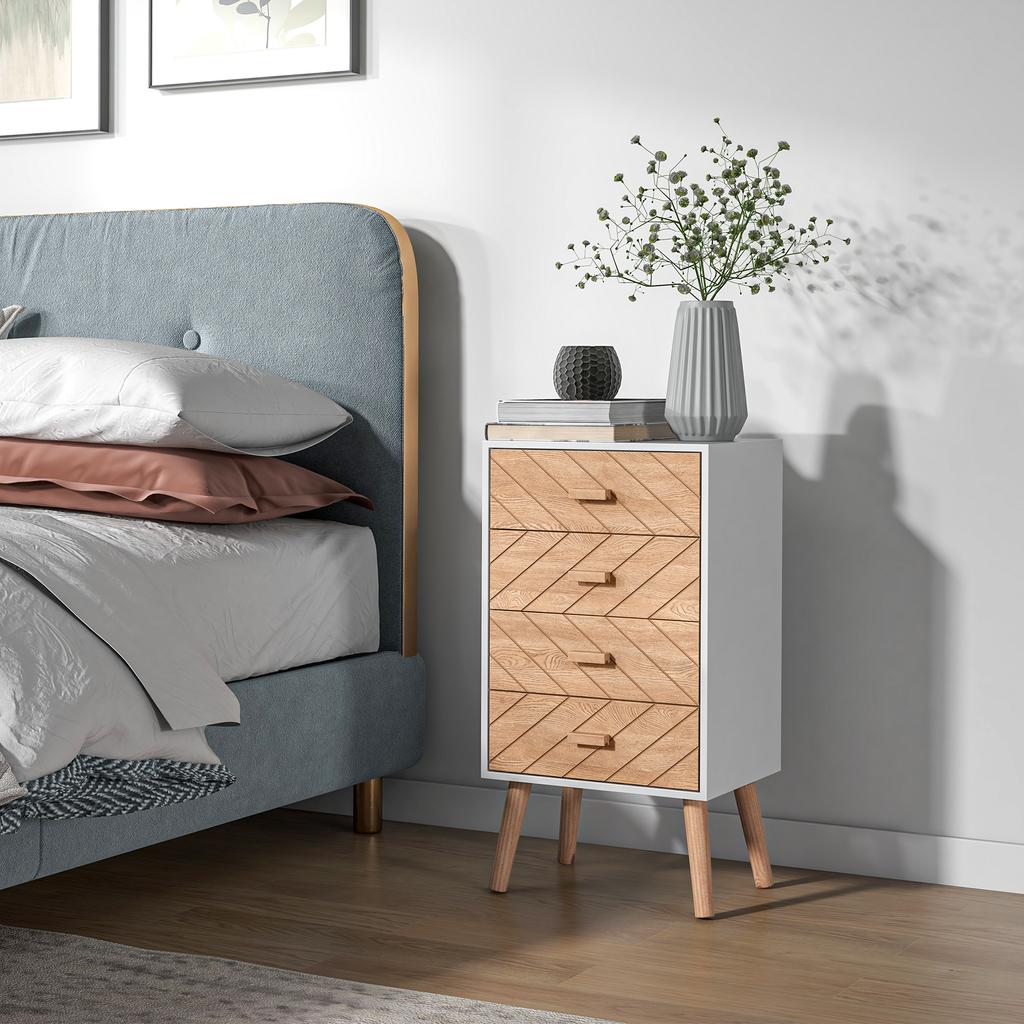 Comfortable 4 Drawer Dresser Bedroom Nightstand With Raised Legs For Living Room 40x30x75 Cm White And Natural