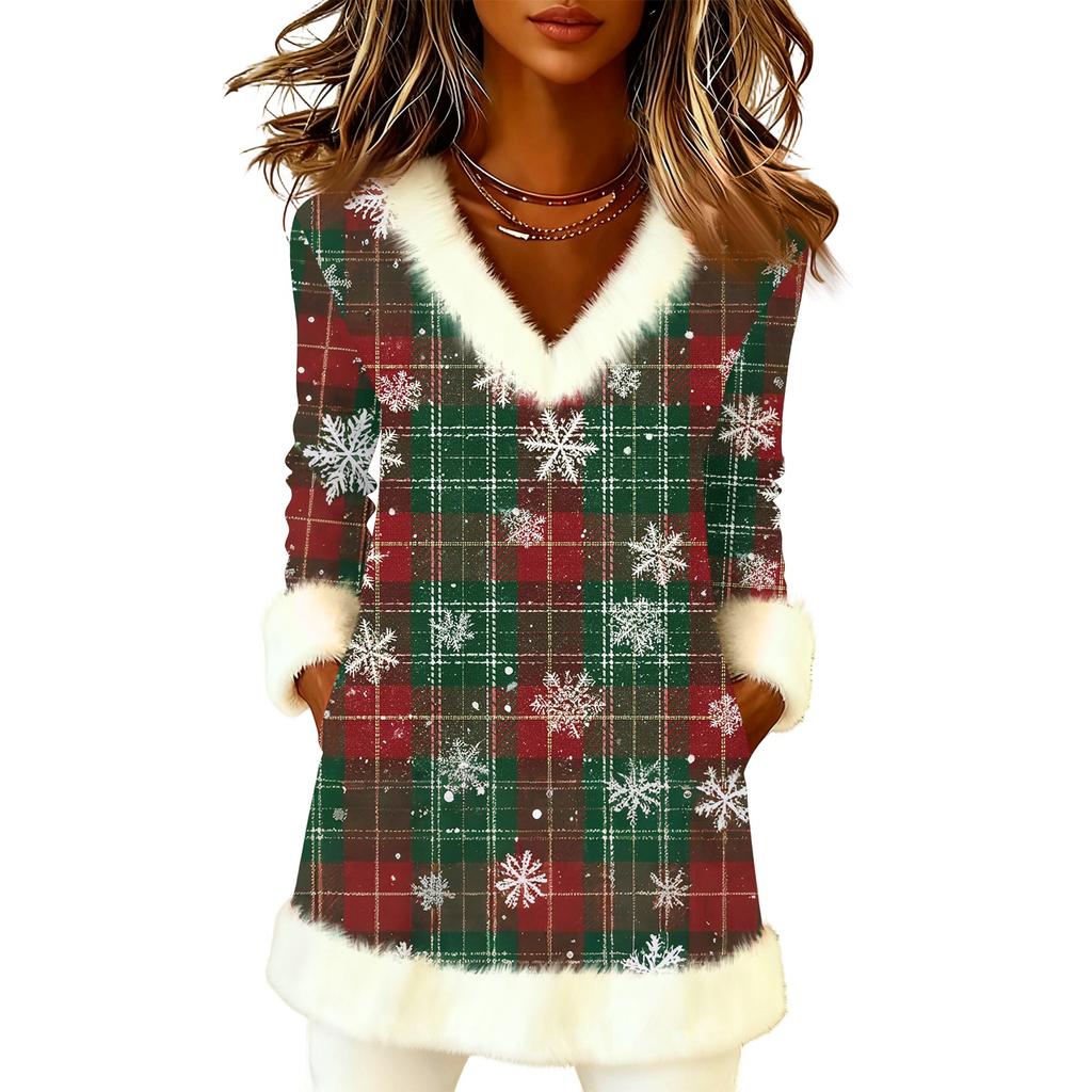 Women's Christmas Fashion Plush V-Neck Pullover Printed Long-Sleeved Top