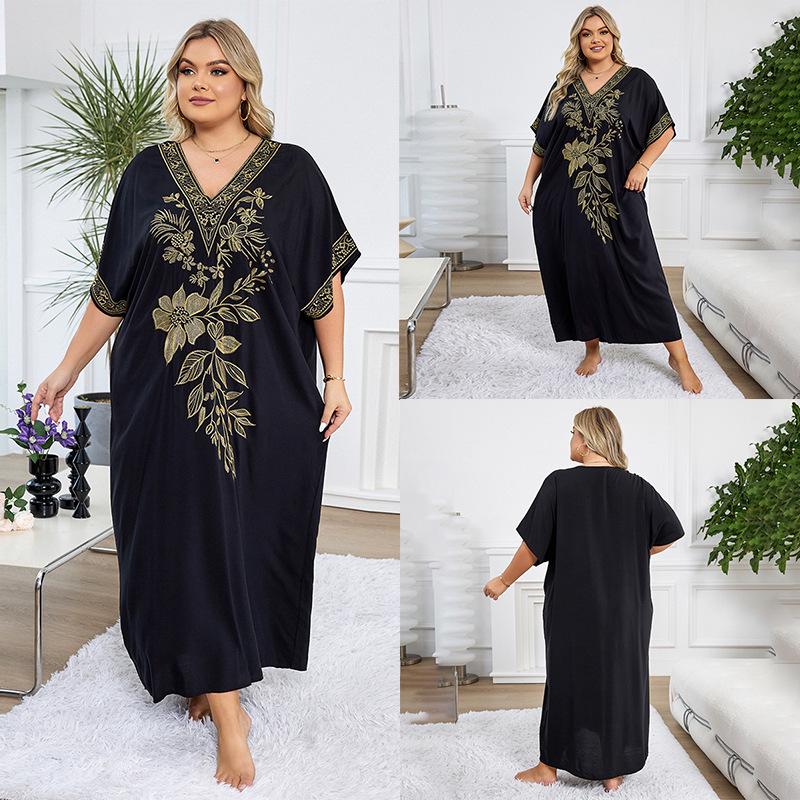 

2024 Хлопковое вышитое отпускное макси-платье - Пляжная роба большого размера и накидка для бикини One Size