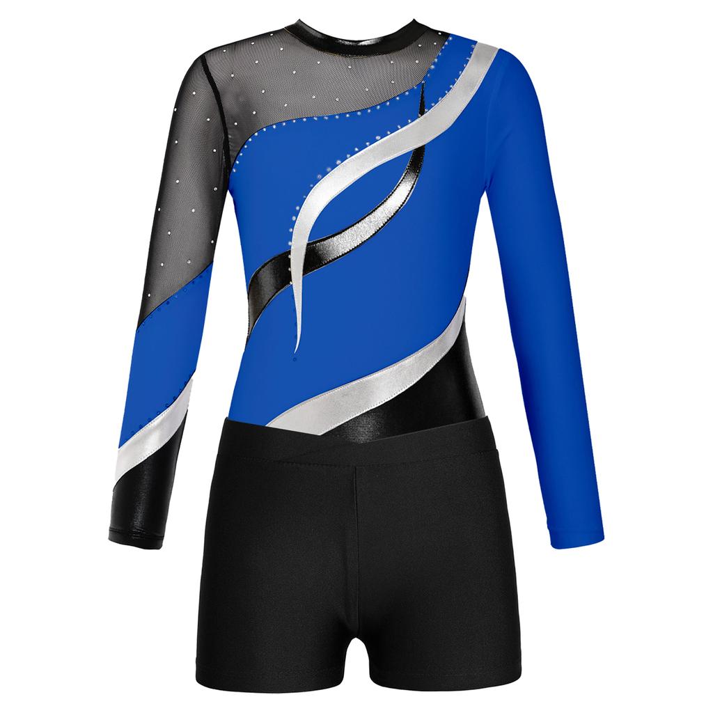 Kids Girls Long Sleeve Gymnastic Leotard with Shorts Athletic Dance Unitards Performance Competition Costume