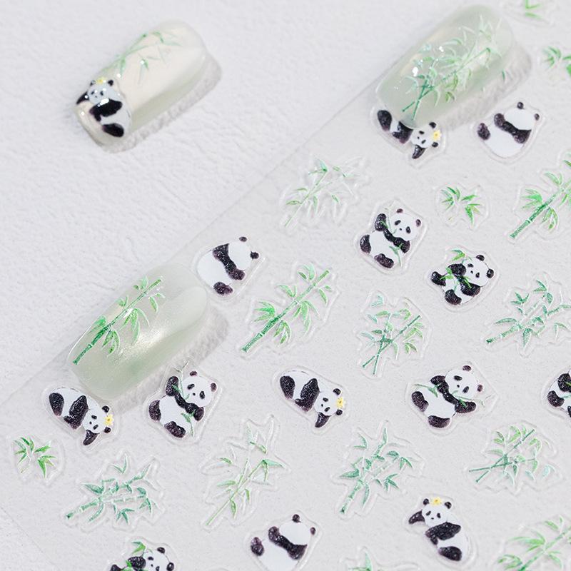 Sky Giant Panda 3D Embossed Nail Art Stickers - Chinese Style Bamboo & Cartoon Doll Design.