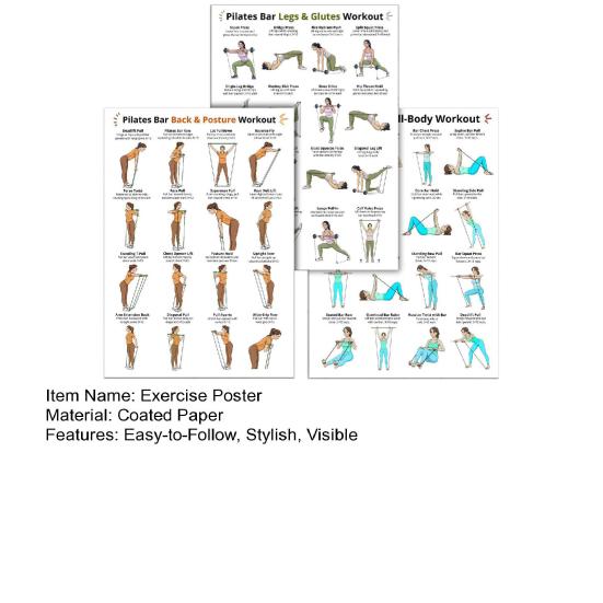 3ks Pilates tyč Plné tělo Cvičení Plakátová sada Noha Bok Paže Záda Postura Cvičební tabulka pro domácí posilovnu Laminované Fitness
