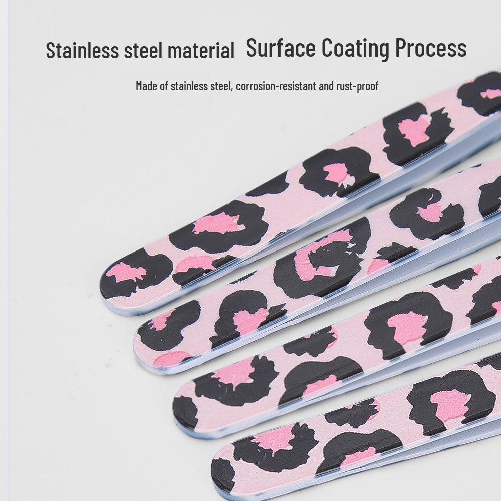 Stainless Steel Leopard Print Pink 4-Piece Eyebrow Shaping Set with Flat & Pointed Clips