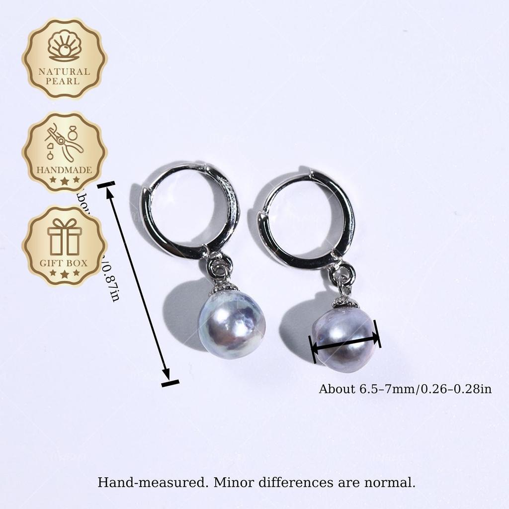 Mysoya Japan Akoya Gray Baroque Pearl Round Earrings 6.5-7mm Silvery S925 Gift Box Valentine's Day Birthday Gift For Her