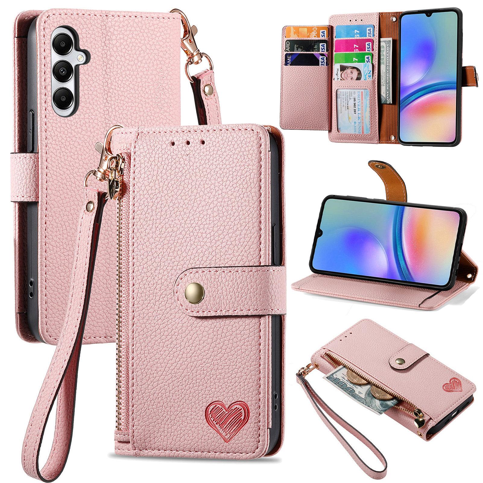 

For Samsung Galaxy A06 4G Case RFID Blocking Zipper Pocket Leather Wallet Phone Cover Pink