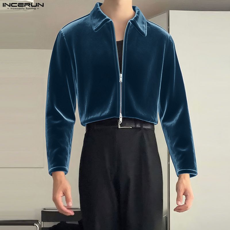 INCERUN Men Casual Lapel Neck Long Sleeve Zipper Up Velvet Jackets Coats