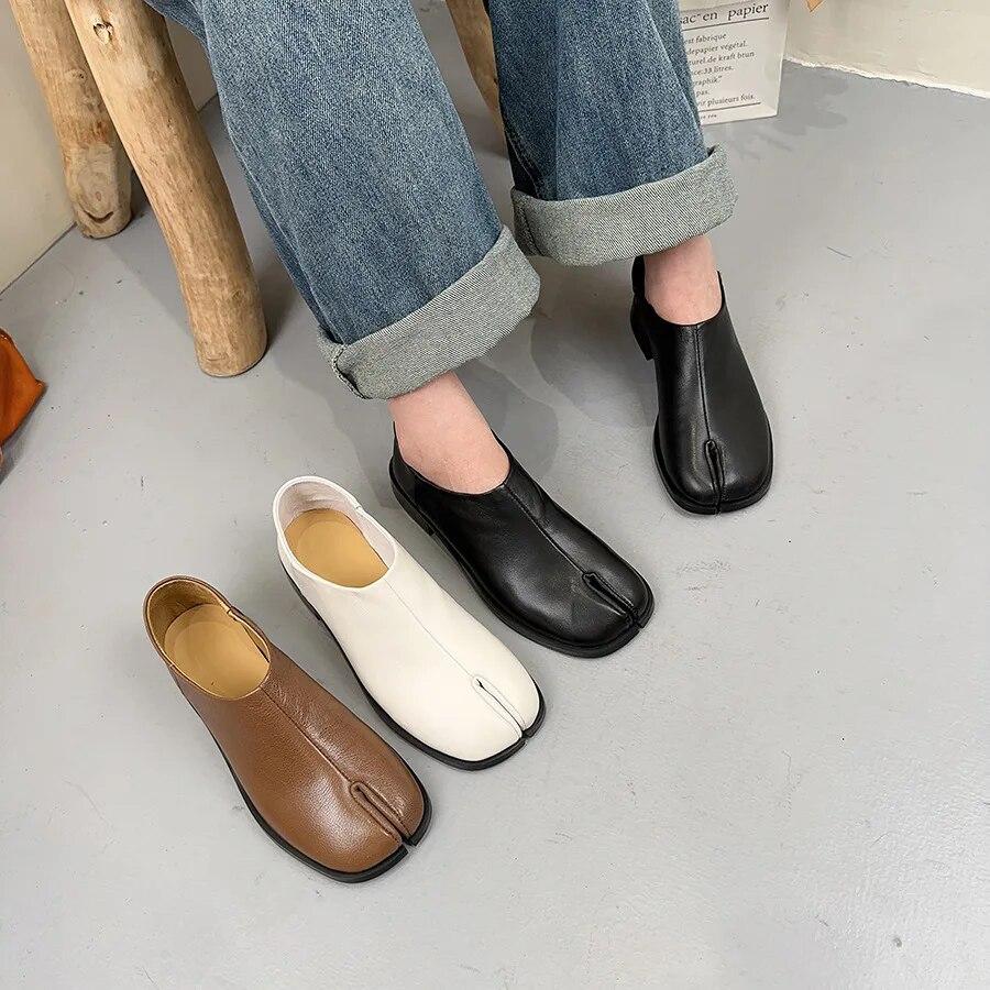 Johnature Düz Renk Hakiki Deri Topuklu İngiliz Tarzı Ayrık Toe Çok Yönlü Alçak Topuk Kadın Ayakkabı