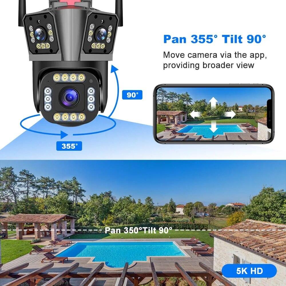 8K WIFI IP Camera Four Lens Three Screen PTZ Camera 10X Zoom Outdoor Auto Tracking Security Camera Waterproof Surveillance Cam