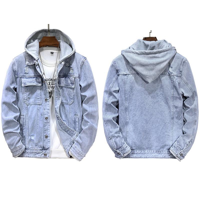 Mens Washed Denim Jacket With Detachable Hood Casual Outerwear
