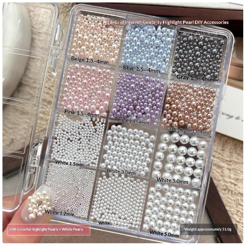 12 Grids Mixed Pearl Nail Art Decorations Flat Bottom Nail Charms 3D Diy Nail Art Rhinestones Manicure Accessory