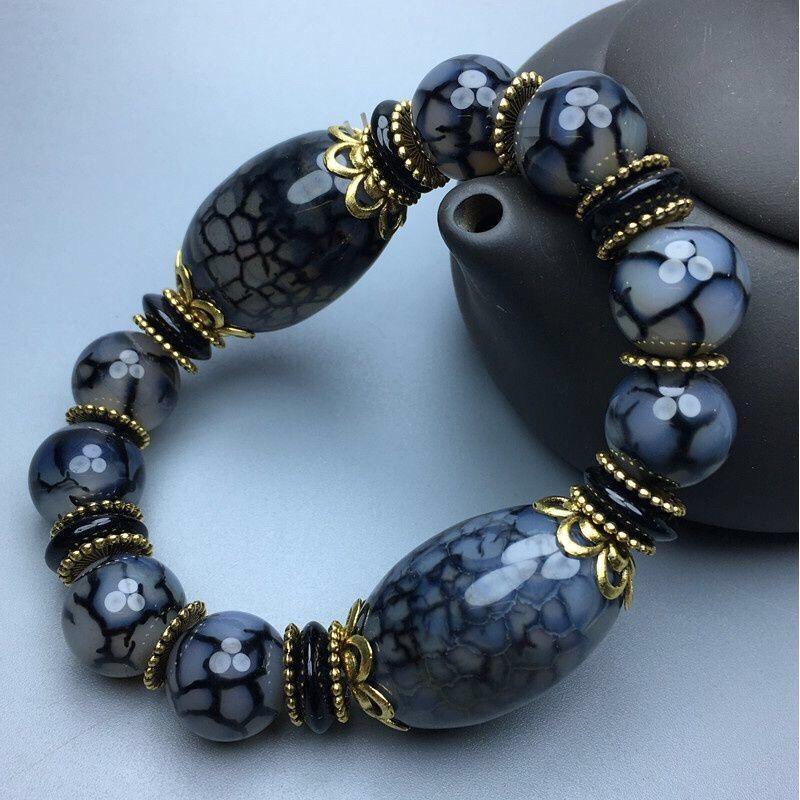 Natural Ice Flower Agate Chalcedony Beads Bracelet for Men Women Unisex Healing Stone Jewelry