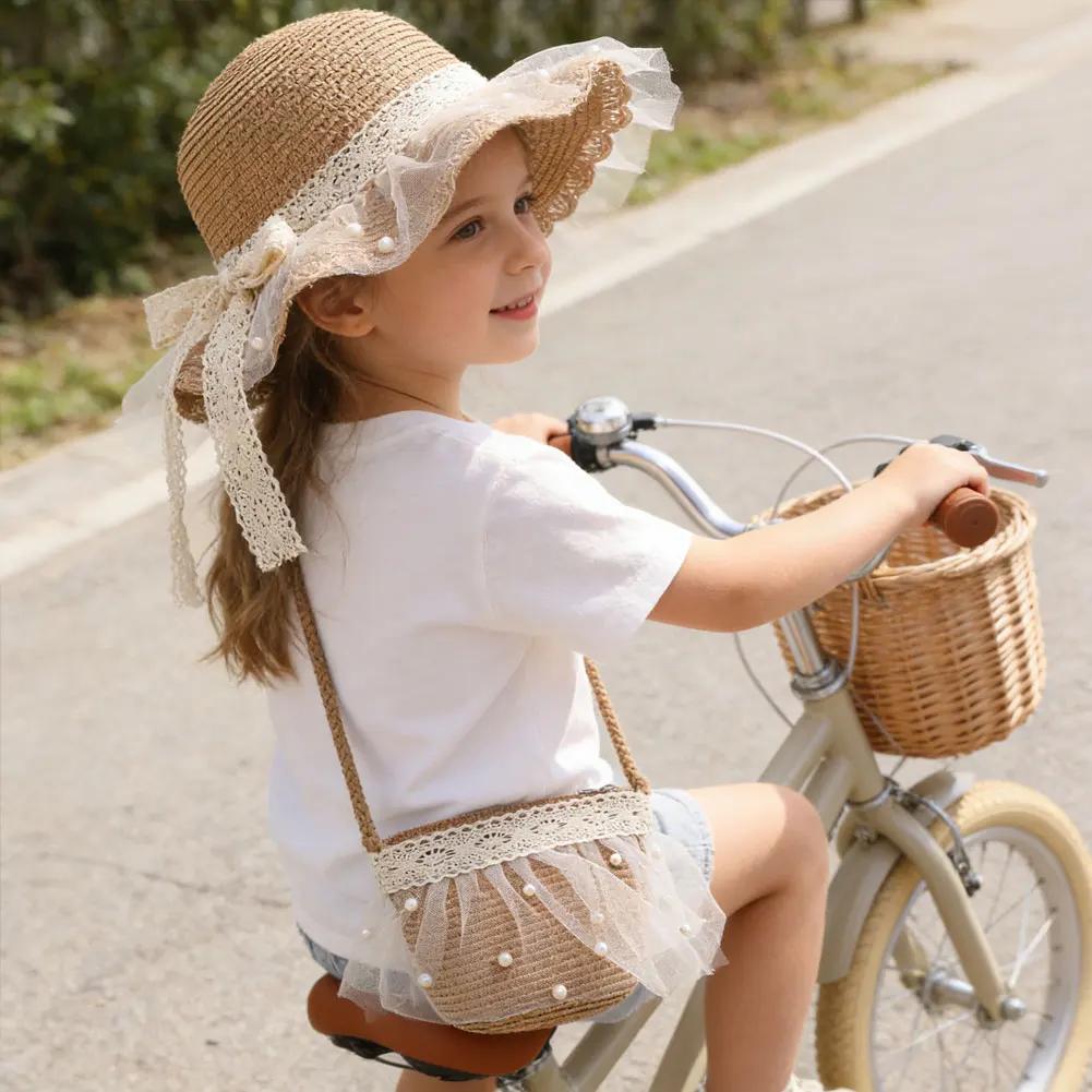 Elegant Summer Kids Straw Hat with Lace Wide Brim Cute Breathable Sun Hat Shoulder Bag for Girls Beach Outdoor Sunscreen