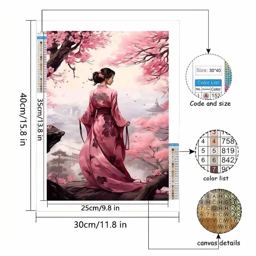 Diamond Painting Set DIY 5D Full Diamond Beautiful Oriental Girl in Cherry Blossom Landscape Crafts for Home Wall Decoration
