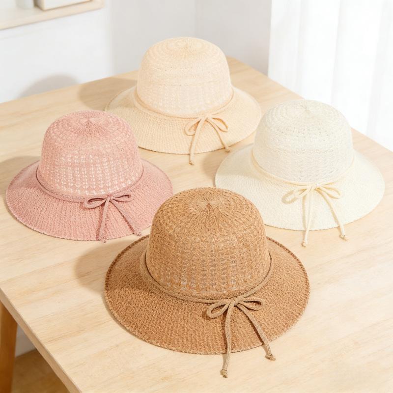 Spring and Summer Ladies Sunscreen Sunshade Straw Hat Big Eaves Bucket Hat Hollow Breathable Beach Vacation Leisure Straw Hat