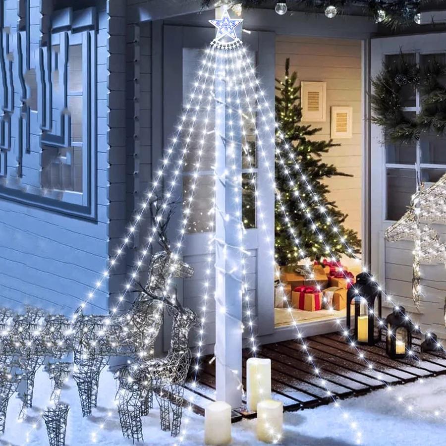 9X3M Outdoor Solar Christmas Tree Waterfall String Lights 288 LED Solar Tree Topper Star String Light Solar Waterfall Tree Light