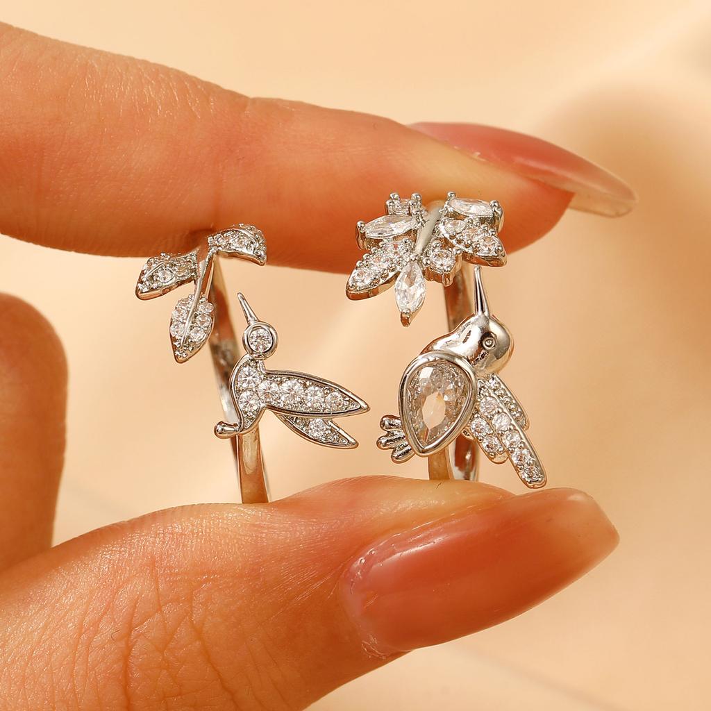 Hummingbird & Flower Open Ring Collection, Gold/Silver Tone Adjustable Gemstone Bird Rings for Women