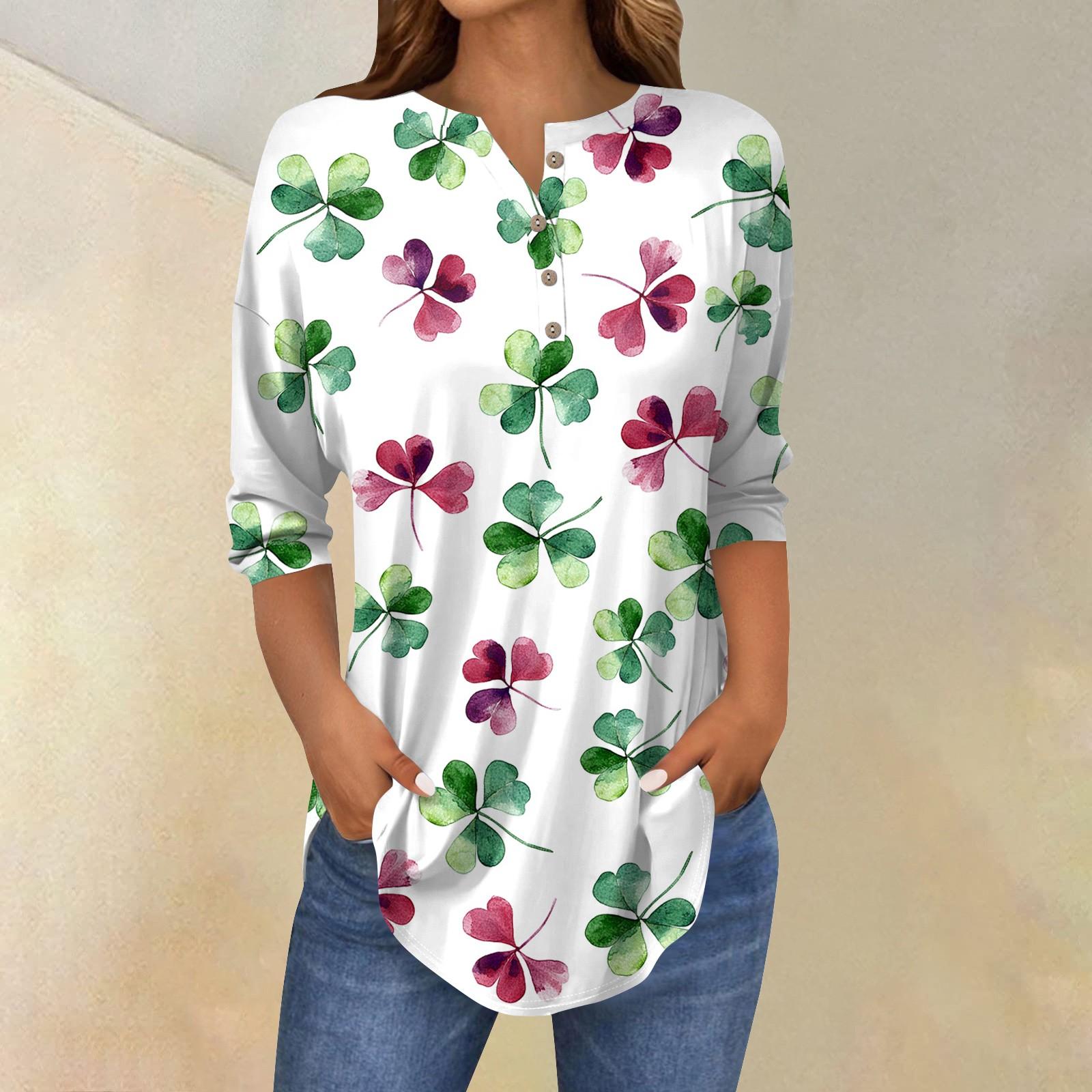

Женские топы с рукавами 3/4, летние футболки с принтом и V-образным вырезом, повседневные базовые футболки, рубашки на пуговицах, туники, топы St. День Патрика XL белый