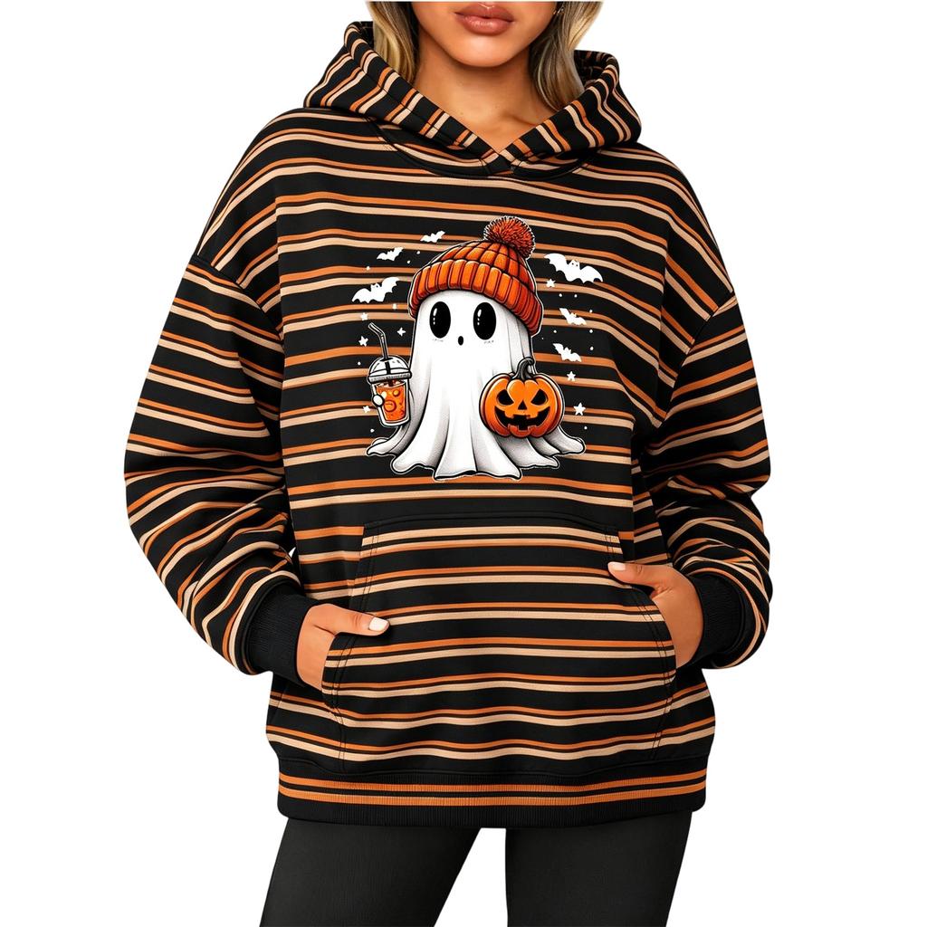 Women's Fashion Striped Print Long Sleeve Pullover Hoodie with Pockets for Halloween