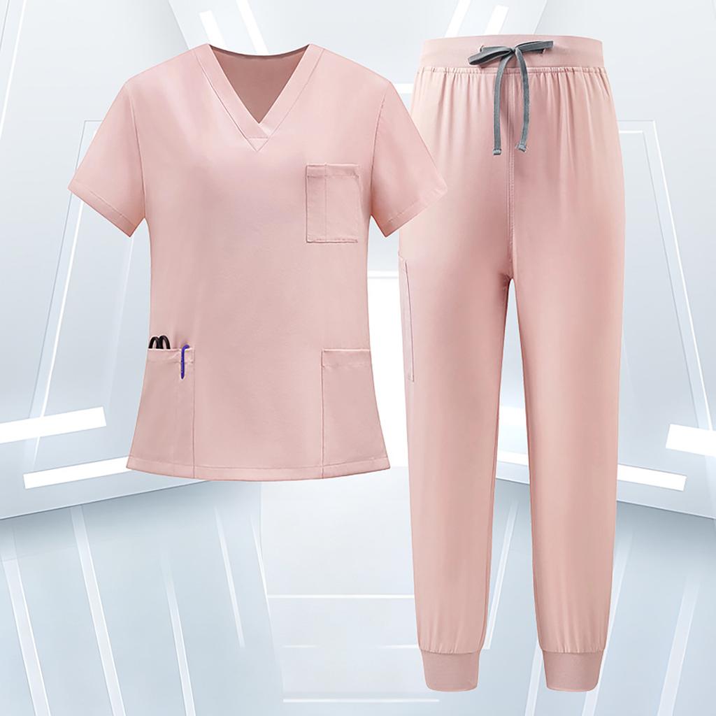 Women's Uniform Scrub Set - Quick-Dry V-Neck Short Sleeve Top with Pockets and Long Pants, Color
