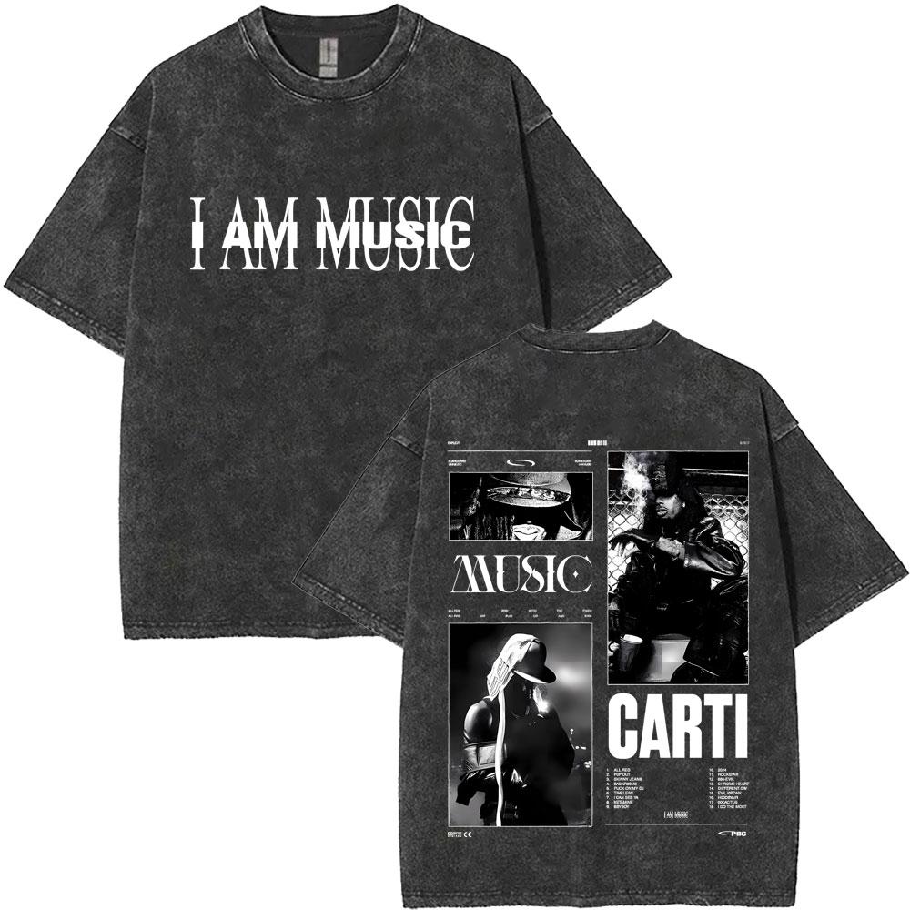 Retro Washed Playboi Carti I AM MUSIC Logo T Shirt Opium Ken Carson Narcissist Rap Tshirts Men Hip Hop Vintage Oversized Tshirt