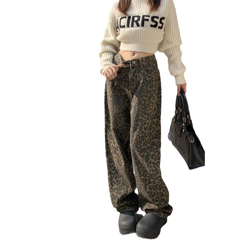 Women's High-Waist Leopard Print Wide-Leg Jeans - Slimming, Loose-Fit, Spring/Autumn Trend