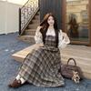 Women's Plus Size French Plaid Wool Dress Set - Waist-Cinched Slimming Long Skirt