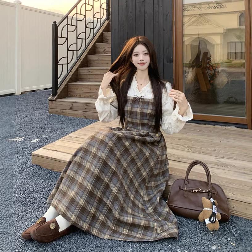 Women's Plus Size French Plaid Wool Dress Set - Waist-Cinched Slimming Long Skirt