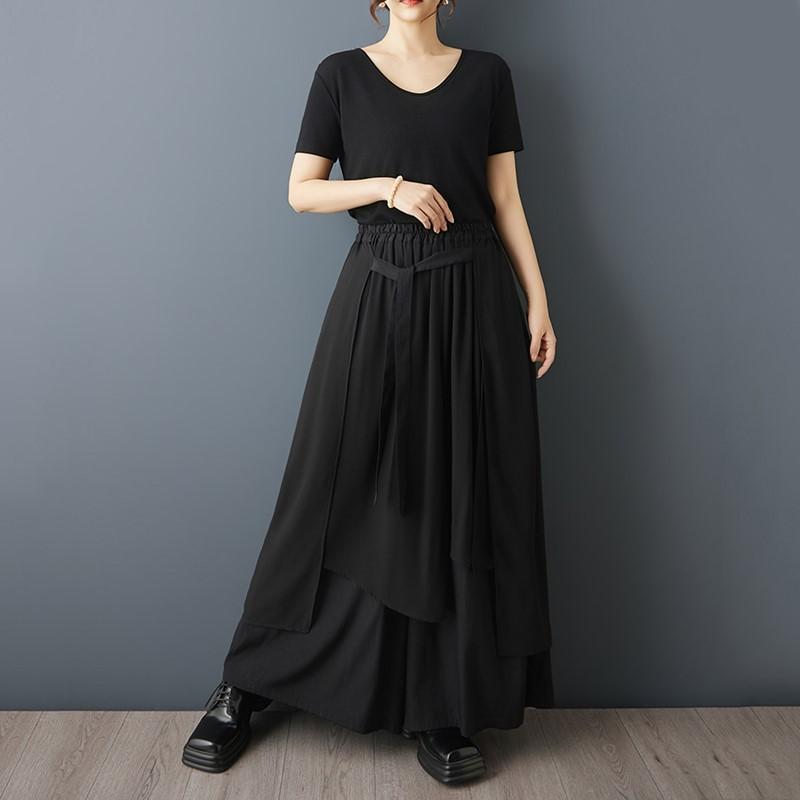 Taglie comode Vintage nero Vita alta Casual larghi lunghi Estivi gamba larga Pantaloni gonna Donna Pantaloni