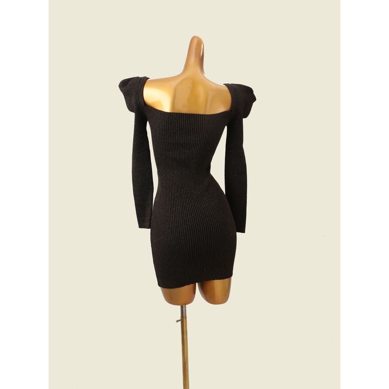 French style Pure Desire Puff sleeve Light Luxury Black Gold Square Collar Sheath Short dress Foreign Trade Slim fit Silver Long sleeve Knitted dress
