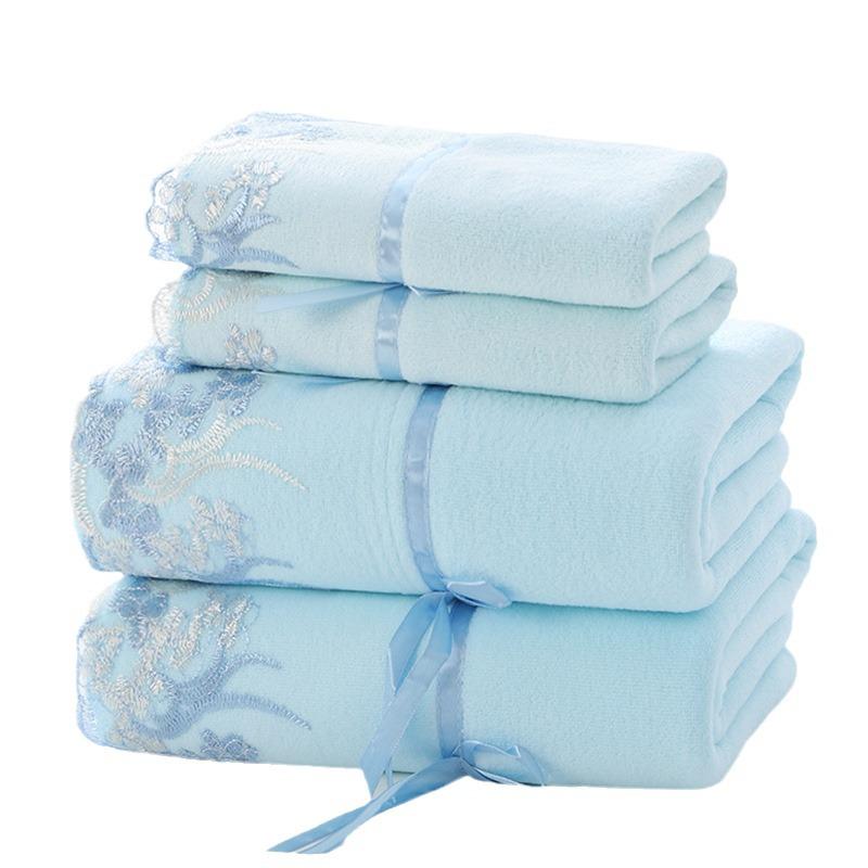 4-Piece Coral Fleece Lace Bath Towel Set - Super Absorbent and Soft, Thickened with Embroidery, Suitable for All Seasons.