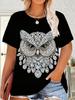 Plus Size. Plus Size Oversized Round Neck T-Shirt - Owl Print Short Sleeve Blouse-Compatible Top  Machine Washable Summer Casual Casual Attire Suitabl