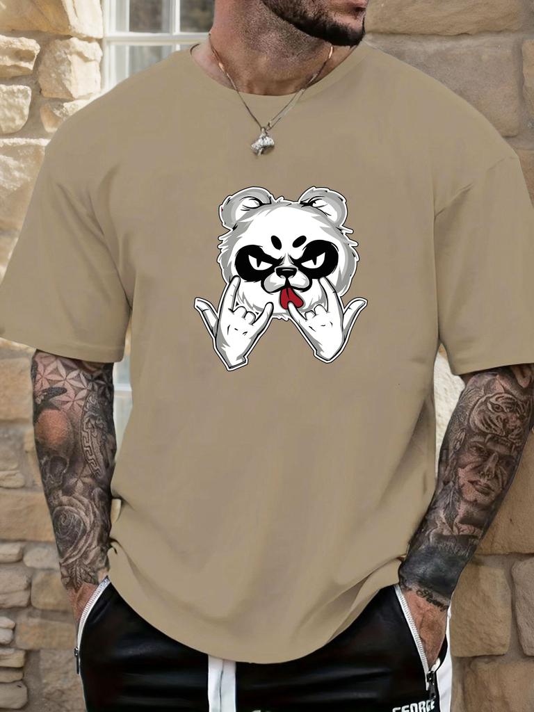 Mens Casual Tshirt Rock Panda Print Short Sleeve Round Neck Breathable Soft Oversized Edgy Trendy Daily Wear Tee
