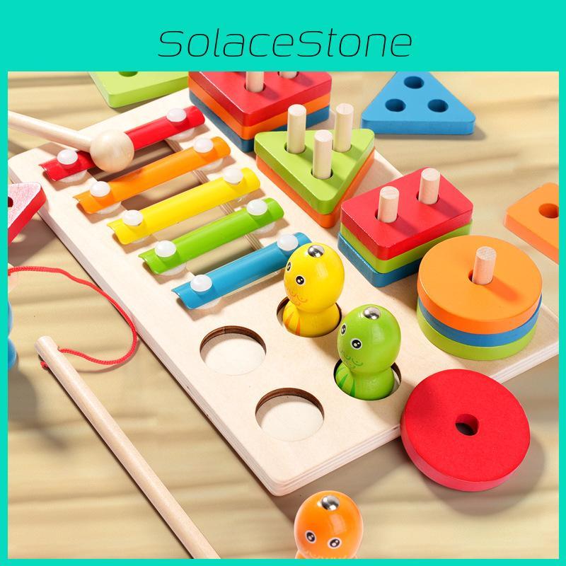 Wooden Childrens Fishing And Play The Qin Three In One Set Of Columns Toy