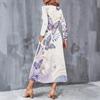Women Plus Size V Neck Long Sleeve Black Multicolor Printed A Line Midi Dress With Pockets