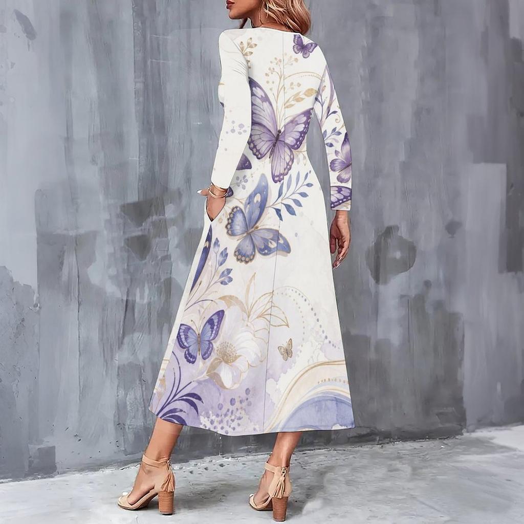 Women Plus Size V Neck Long Sleeve Black Multicolor Printed A Line Midi Dress With Pockets