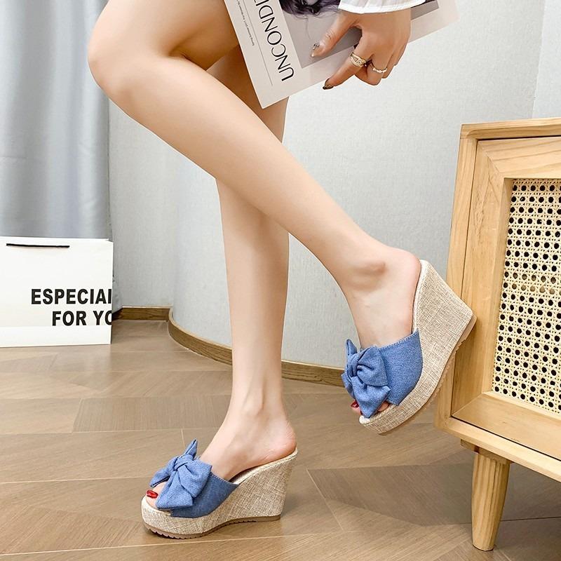 Cross-border large-size women's shoes spring new fashion Korean version bow one-word wear slope heel cool slippers women